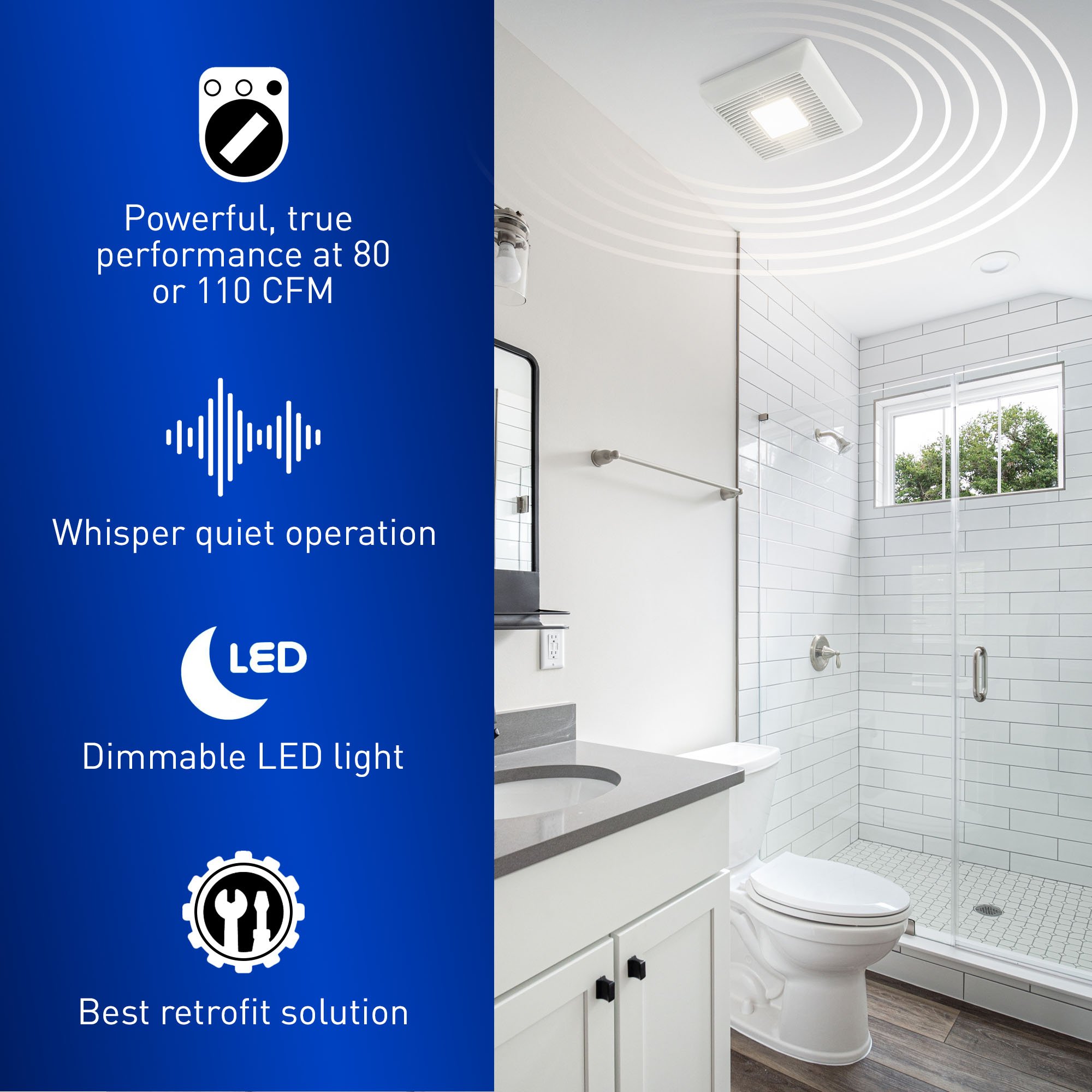 リフレドーム Whisper Remodel® DC Exhaust Fan with LED Light, Pick-A-Flow, 80